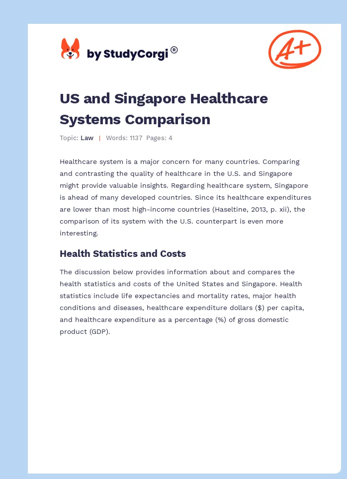US and Singapore Healthcare Systems Comparison. Page 1