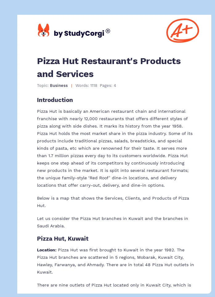 Pizza Hut Restaurant's Products and Services. Page 1
