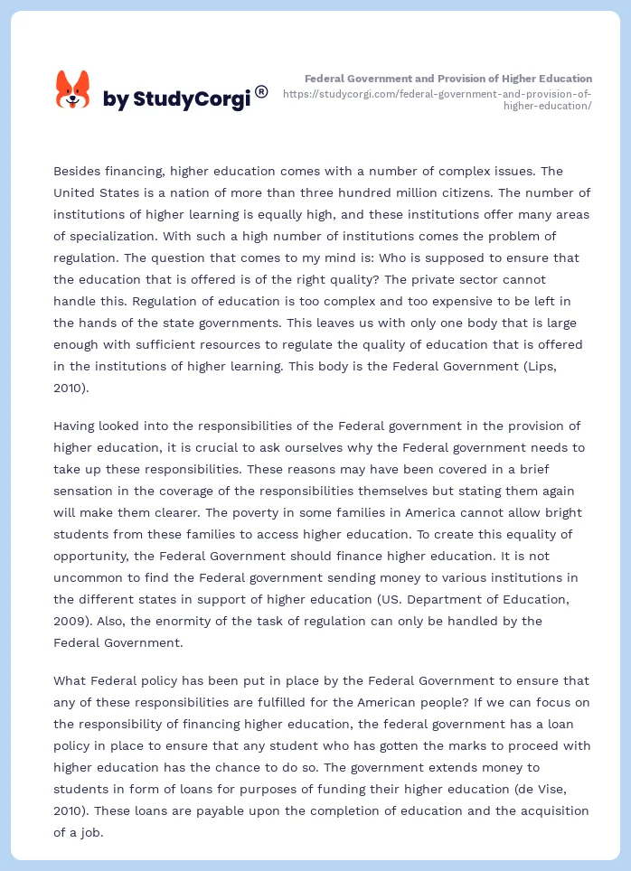 Federal Government and Provision of Higher Education. Page 2
