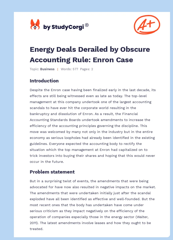 Energy Deals Derailed by Obscure Accounting Rule: Enron Case. Page 1