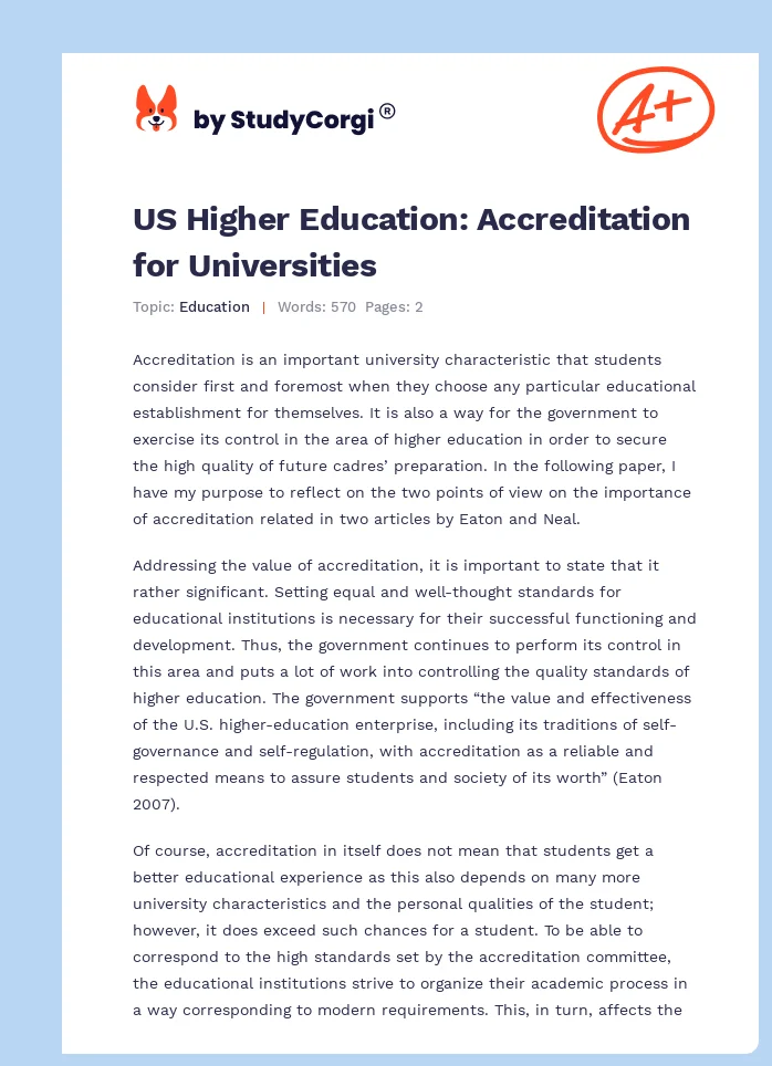 US Higher Education: Accreditation for Universities. Page 1