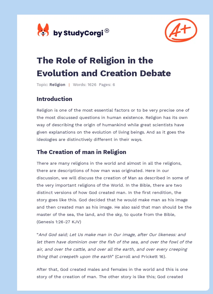 The Role of Religion in the Evolution and Creation Debate. Page 1