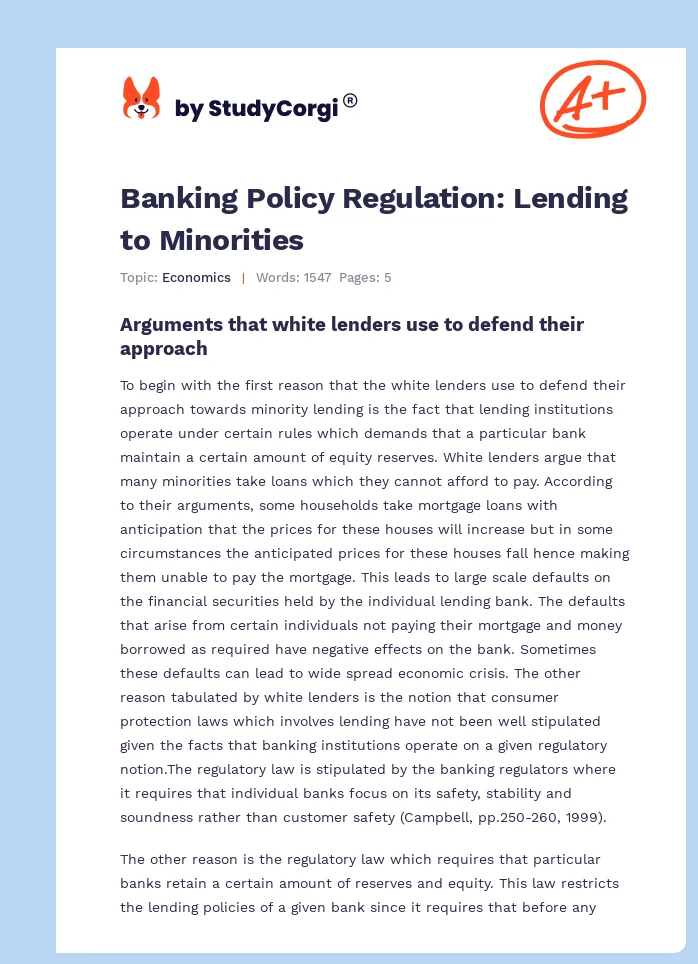 Banking Policy Regulation: Lending to Minorities. Page 1