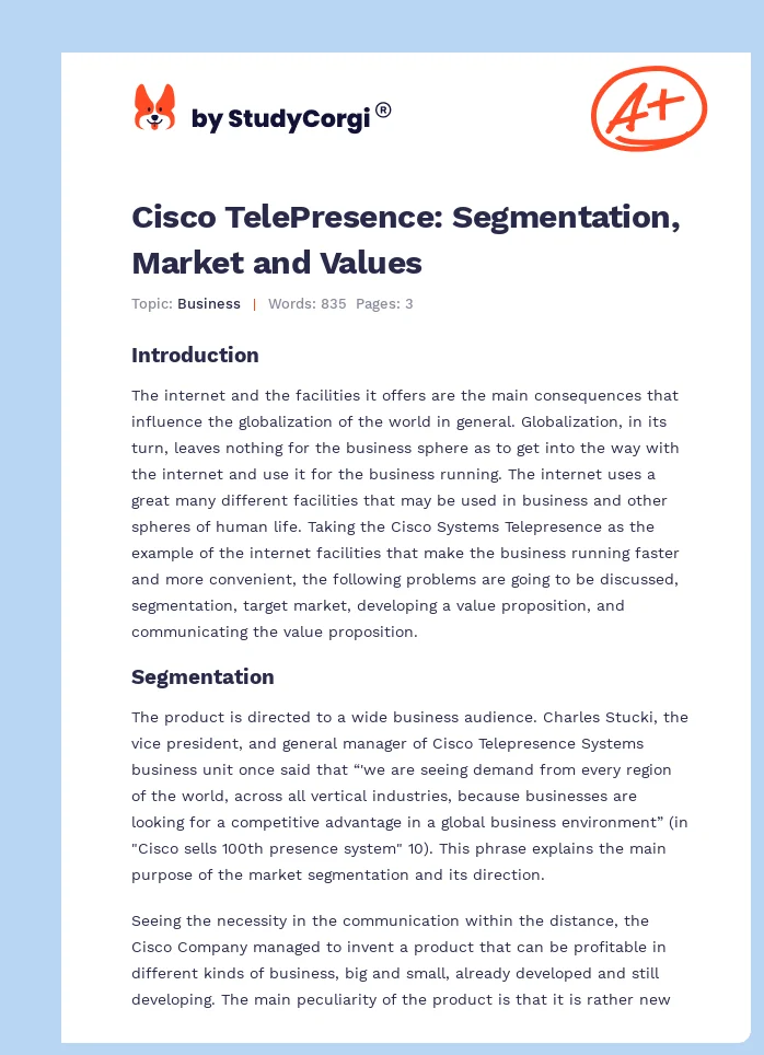Cisco TelePresence: Segmentation, Market and Values. Page 1