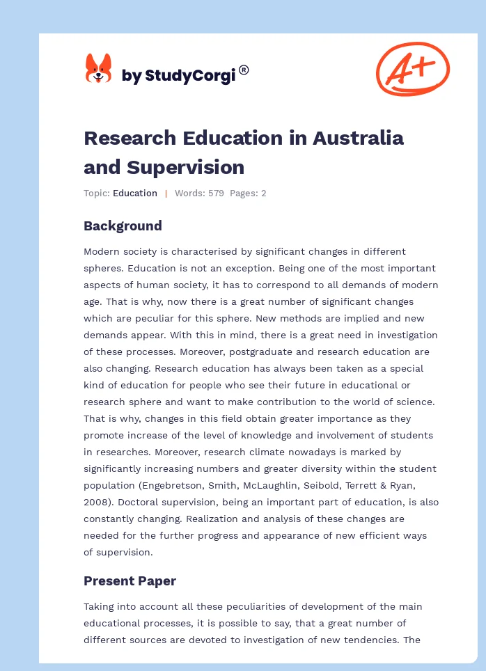 Research Education in Australia and Supervision. Page 1