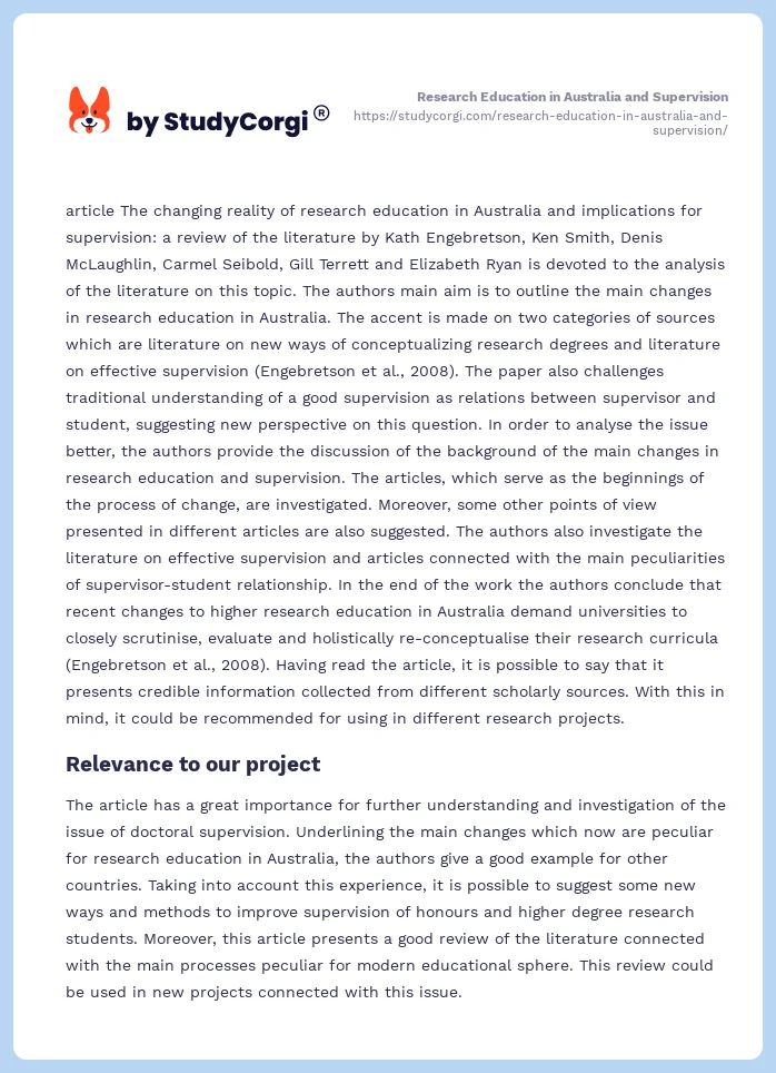 Research Education in Australia and Supervision. Page 2