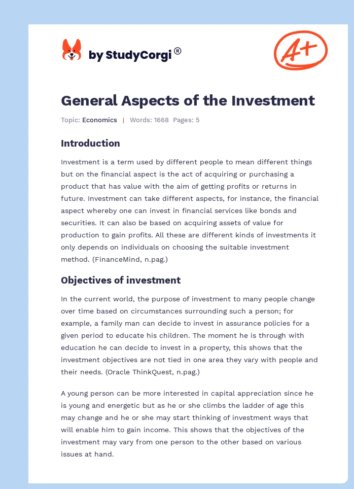General Aspects of the Investment. Page 1