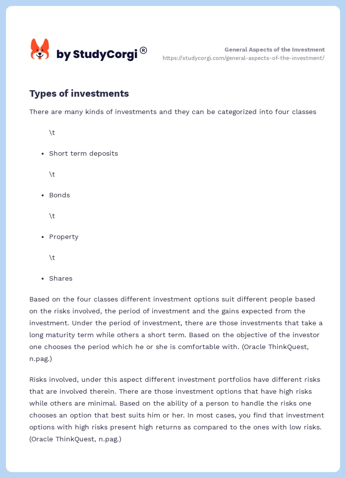 General Aspects of the Investment. Page 2