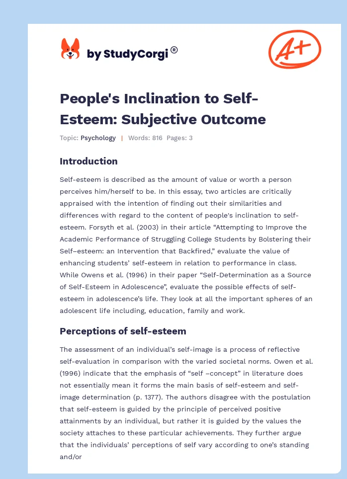 People's Inclination to Self-Esteem: Subjective Outcome. Page 1