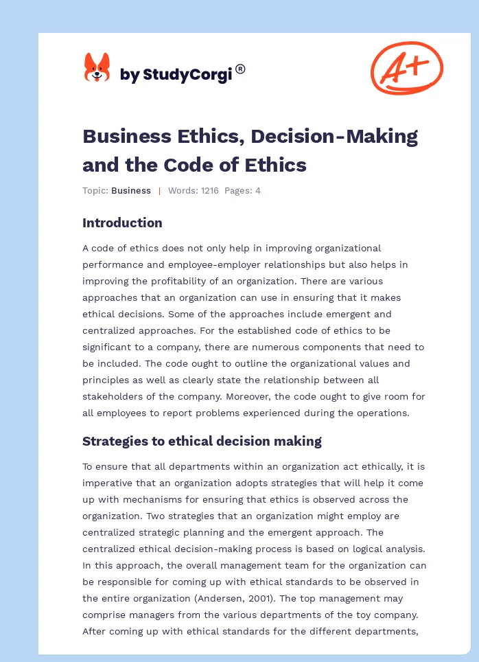 Business Ethics, Decision-Making and the Code of Ethics. Page 1