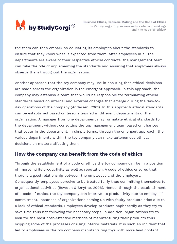 Business Ethics, Decision-Making and the Code of Ethics. Page 2