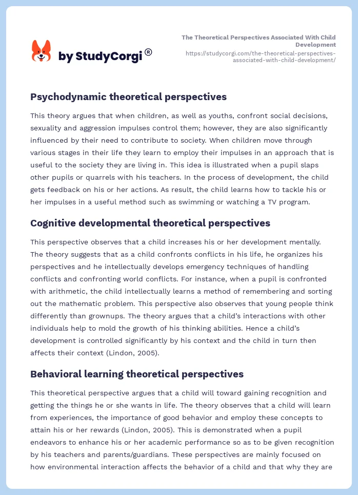 The Theoretical Perspectives Associated With Child Development. Page 2