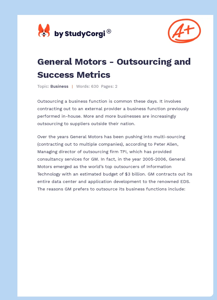 General Motors - Outsourcing and Success Metrics. Page 1
