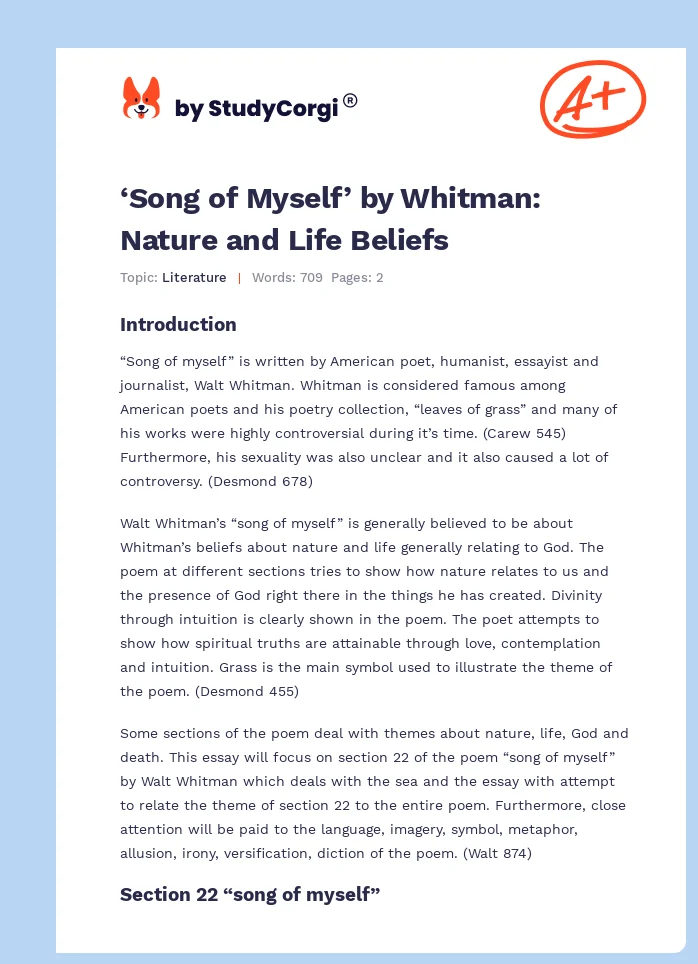 ‘Song of Myself’ by Whitman: Nature and Life Beliefs. Page 1