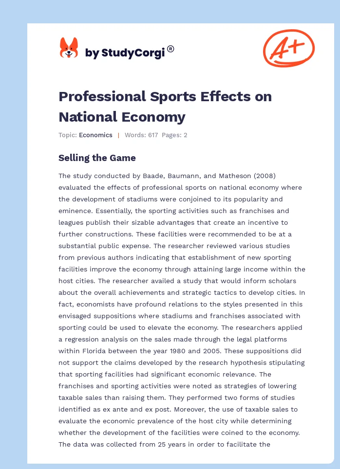 Professional Sports Effects on National Economy. Page 1