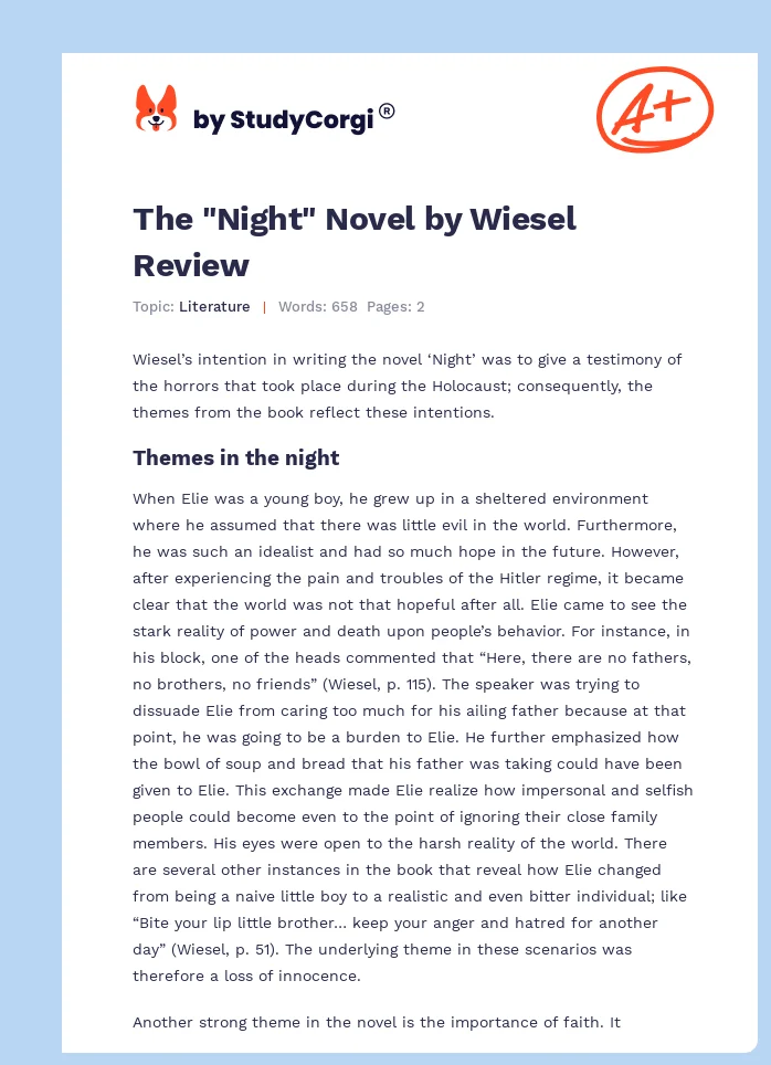 The "Night" Novel by Wiesel Review. Page 1