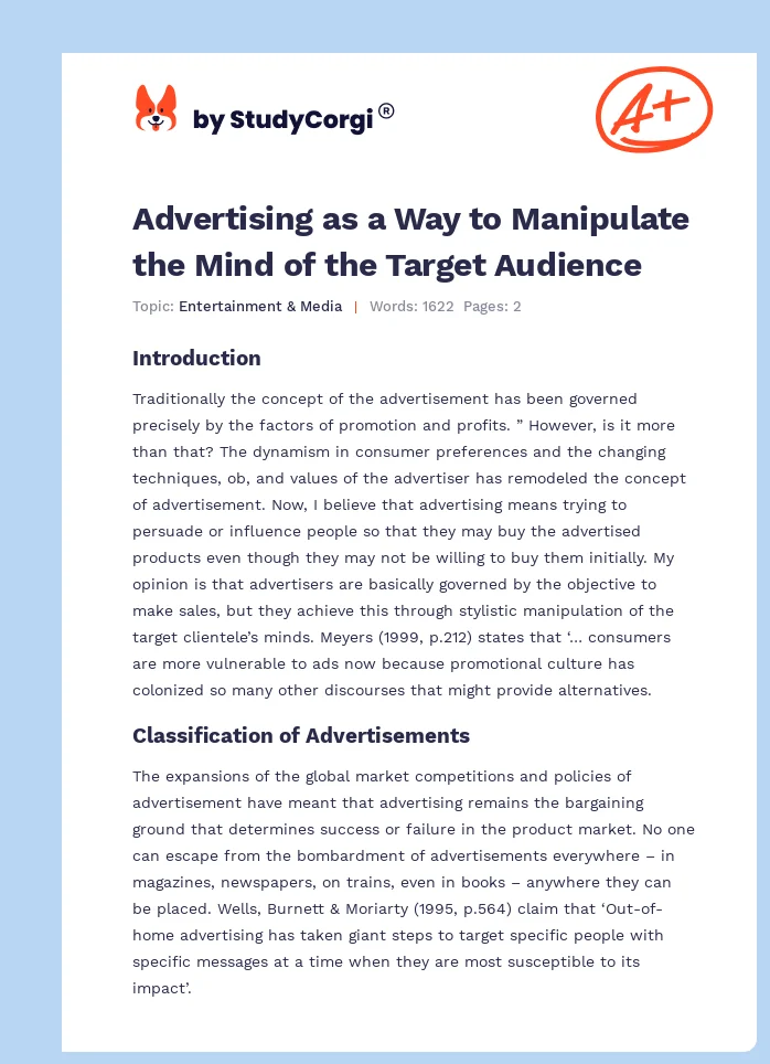 Advertising as a Way to Manipulate the Mind of the Target Audience. Page 1
