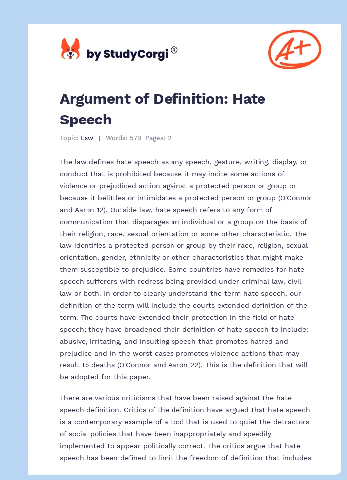 Argument of Definition: Hate Speech. Page 1