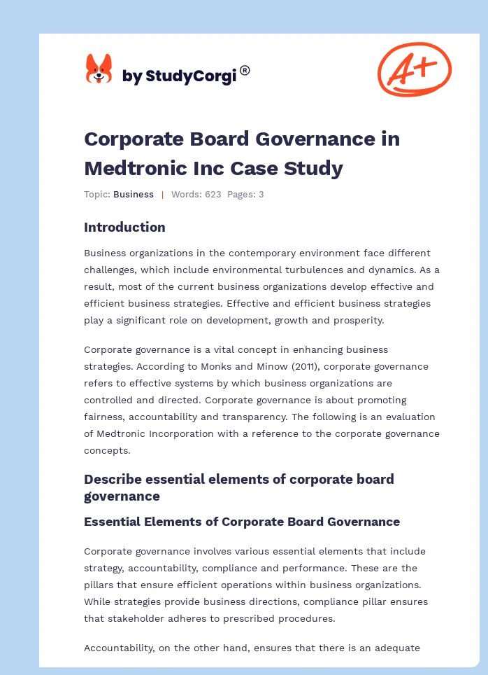 Corporate Board Governance in Medtronic Inc Case Study. Page 1