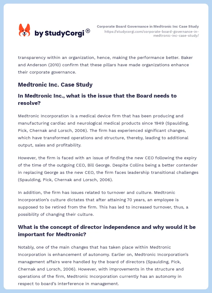 Corporate Board Governance in Medtronic Inc Case Study. Page 2