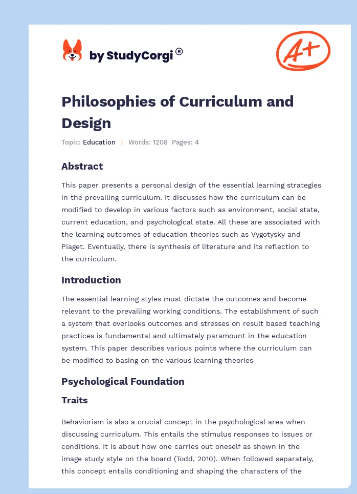 Philosophies of Curriculum and Design. Page 1
