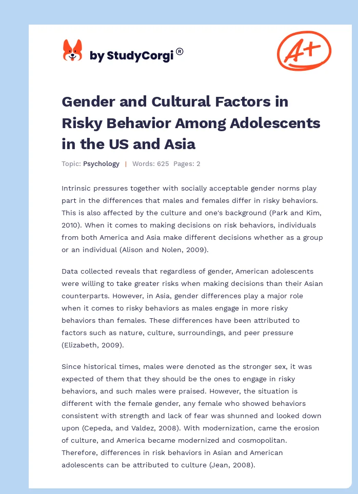 Gender and Cultural Factors in Risky Behavior Among Adolescents in the US and Asia. Page 1