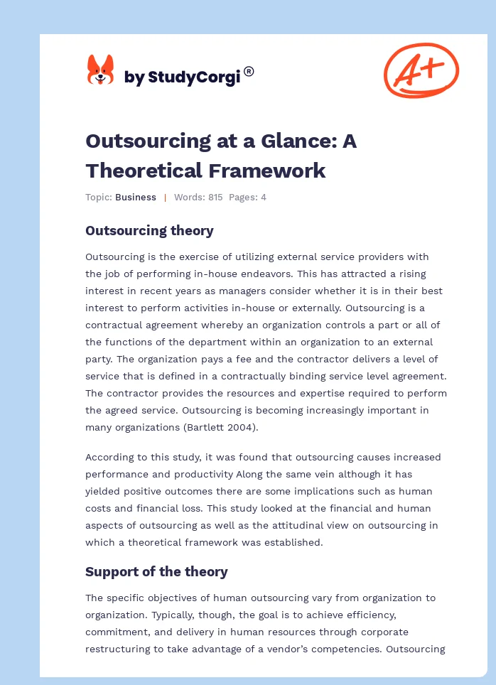 Outsourcing at a Glance: A Theoretical Framework. Page 1