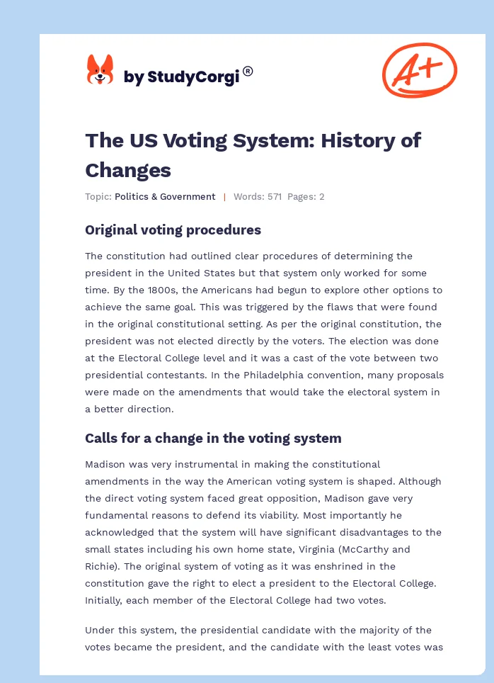 The US Voting System: History of Changes. Page 1