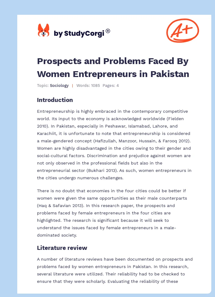 Prospects and Problems Faced By Women Entrepreneurs in Pakistan. Page 1
