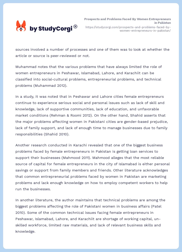 Prospects and Problems Faced By Women Entrepreneurs in Pakistan. Page 2