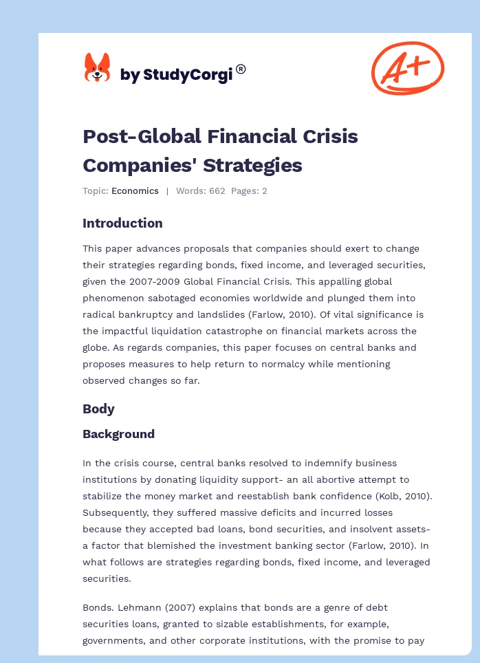 Post-Global Financial Crisis Companies' Strategies. Page 1