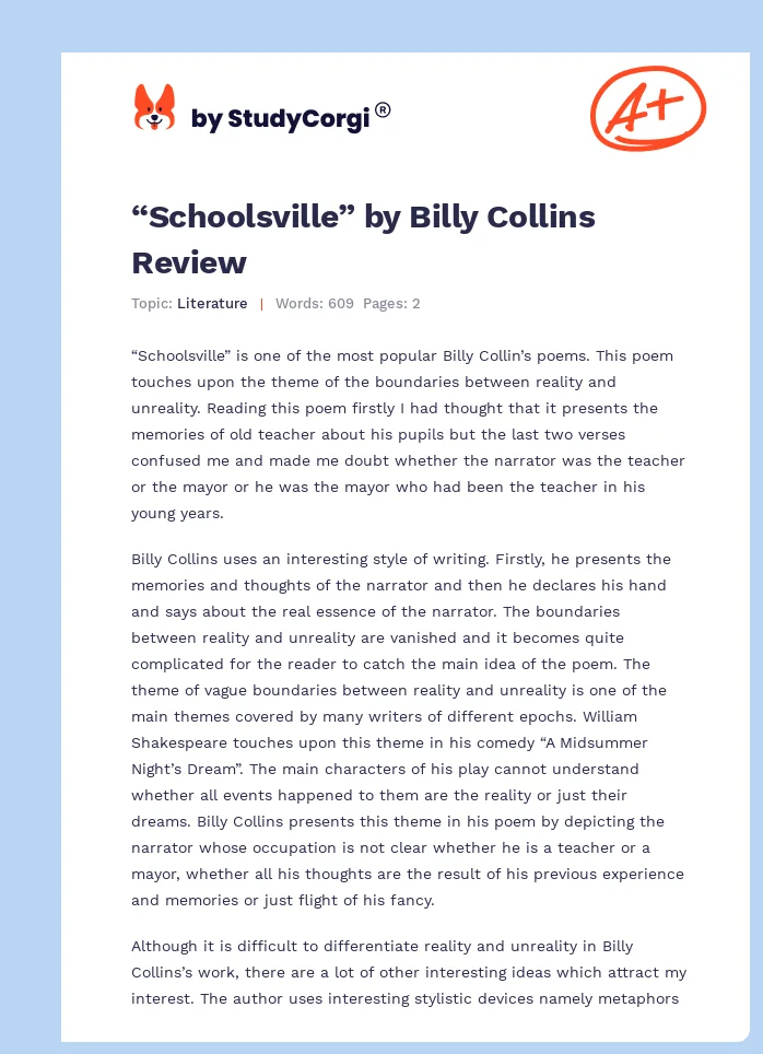 “Schoolsville” by Billy Collins Review. Page 1