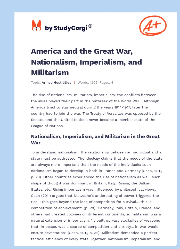 America and the Great War, Nationalism, Imperialism, and Militarism. Page 1