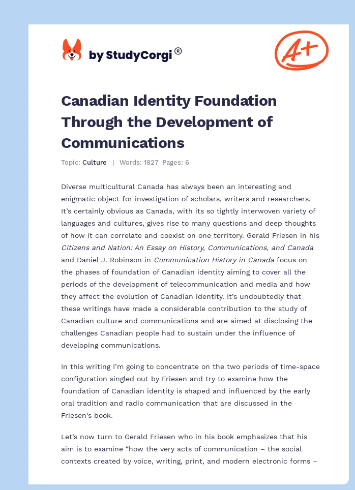 Canadian Identity Foundation Through the Development of Communications. Page 1