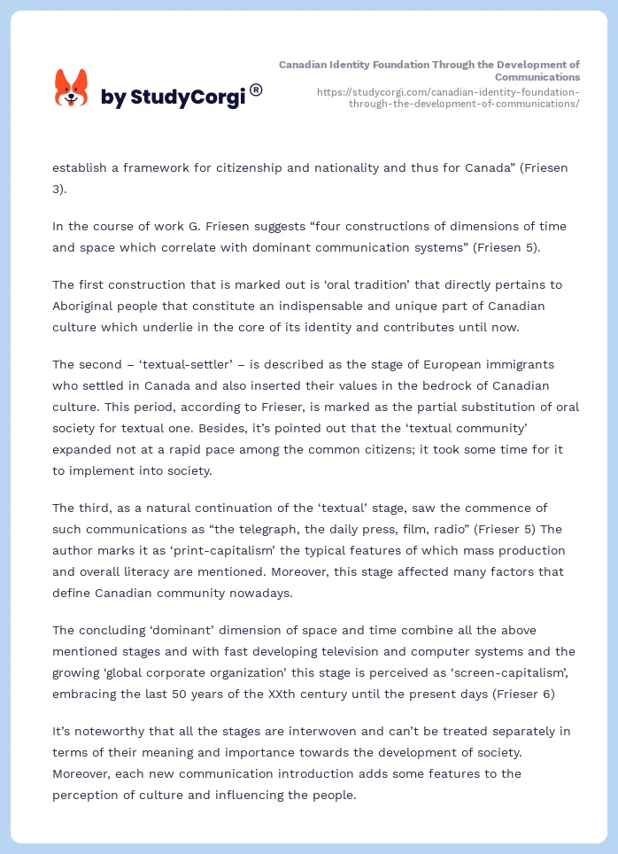 Canadian Identity Foundation Through the Development of Communications. Page 2