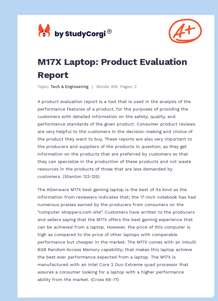 M17X Laptop: Product Evaluation Report. Page 1