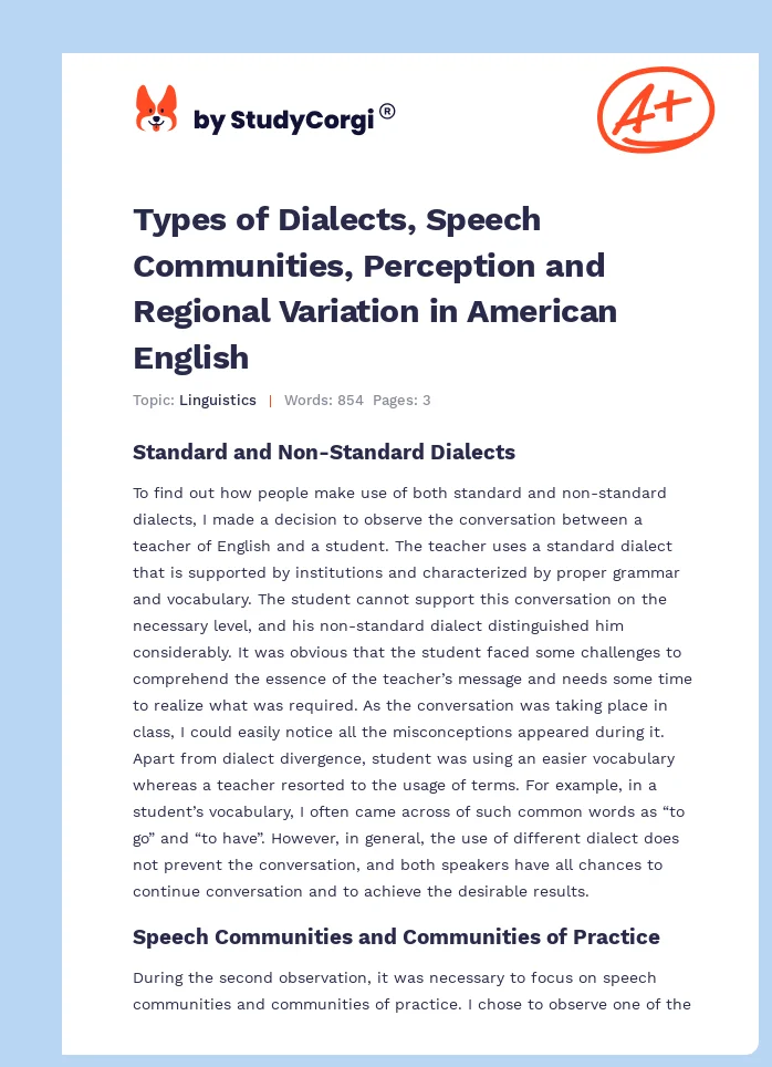 Types of Dialects, Speech Communities, Perception and Regional Variation in American English. Page 1