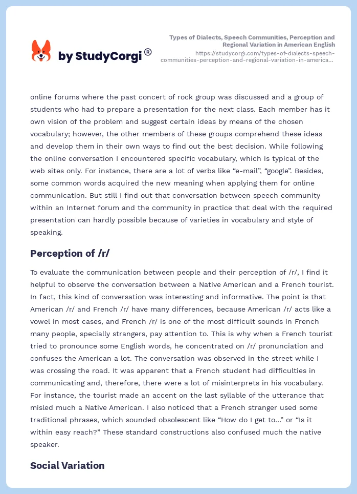 Types of Dialects, Speech Communities, Perception and Regional Variation in American English. Page 2