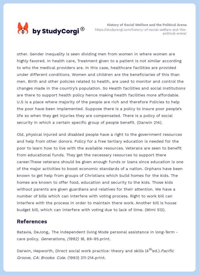 History of Social Welfare and the Political Arena. Page 2