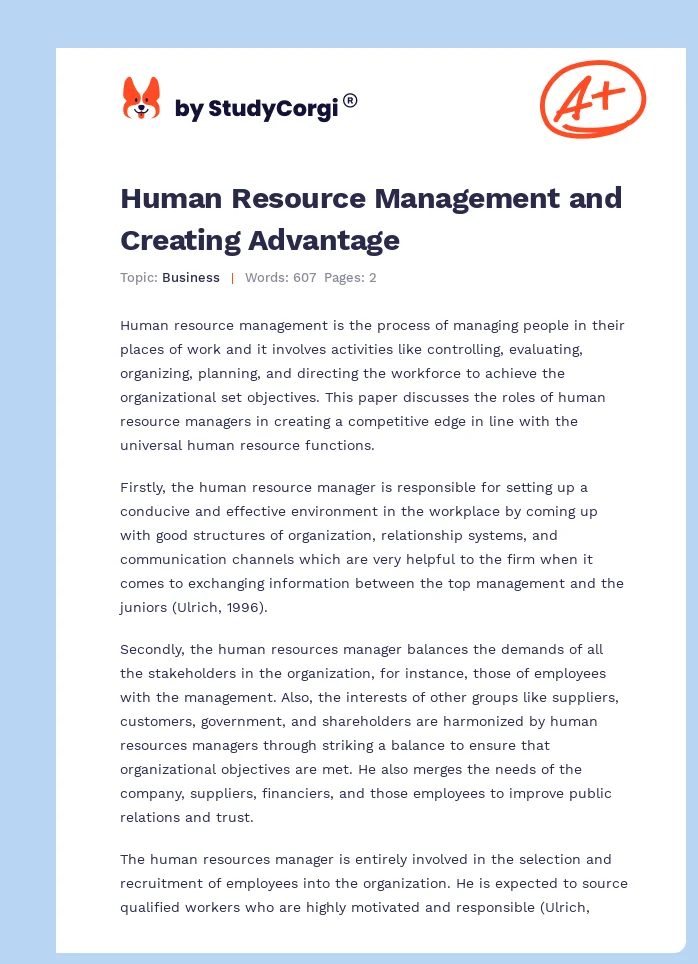 Human Resource Management and Creating Advantage. Page 1