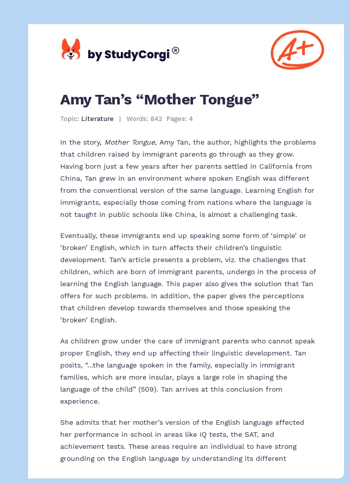 Amy Tan’s “Mother Tongue”. Page 1