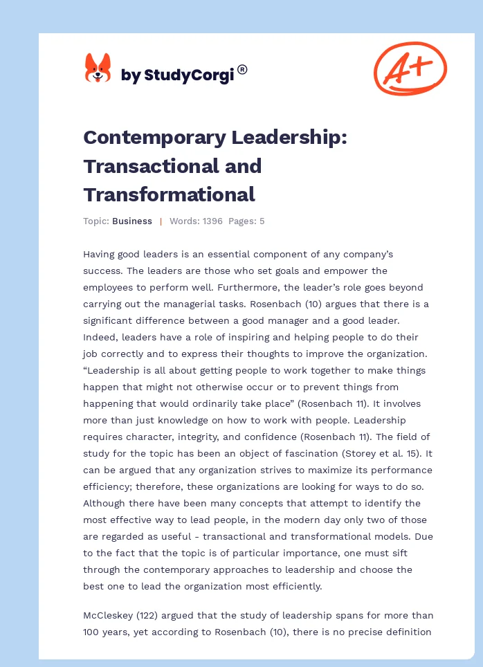 Contemporary Leadership: Transactional and Transformational. Page 1