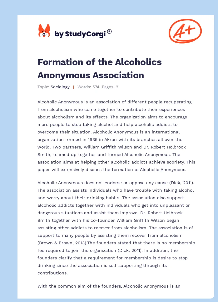 Formation of the Alcoholics Anonymous Association. Page 1