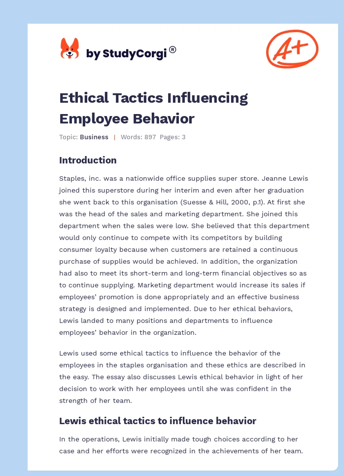Ethical Tactics Influencing Employee Behavior. Page 1