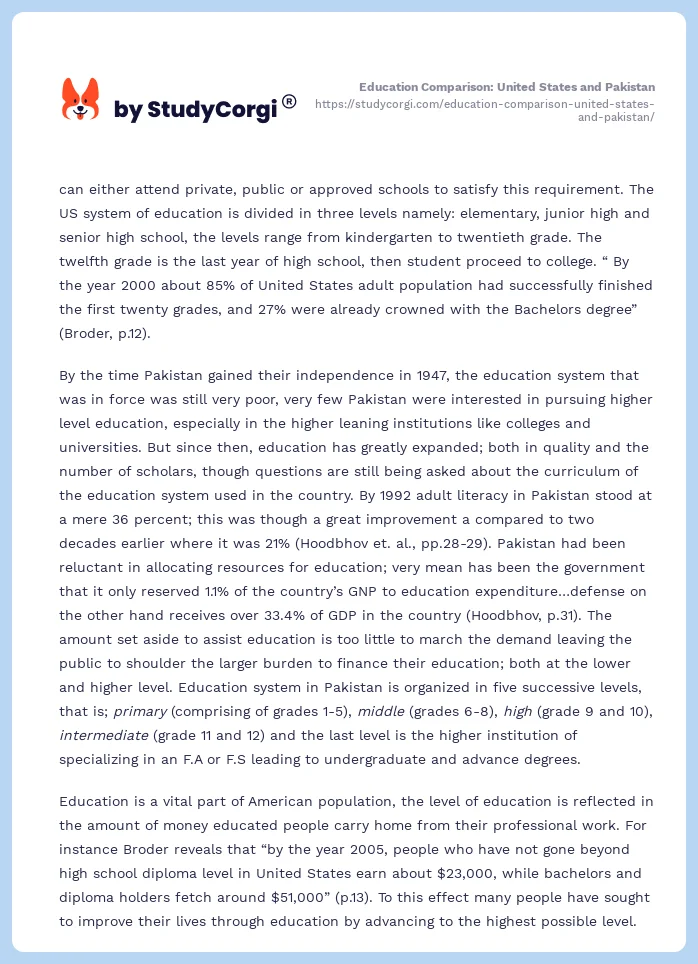 Education Comparison: United States and Pakistan. Page 2
