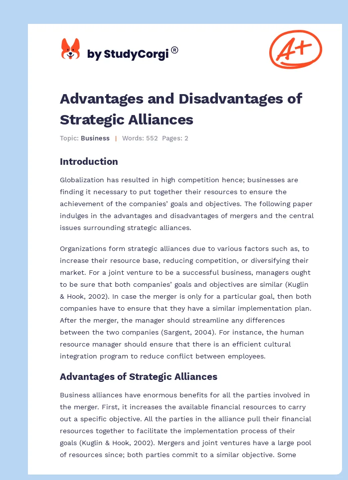 Advantages and Disadvantages of Strategic Alliances. Page 1