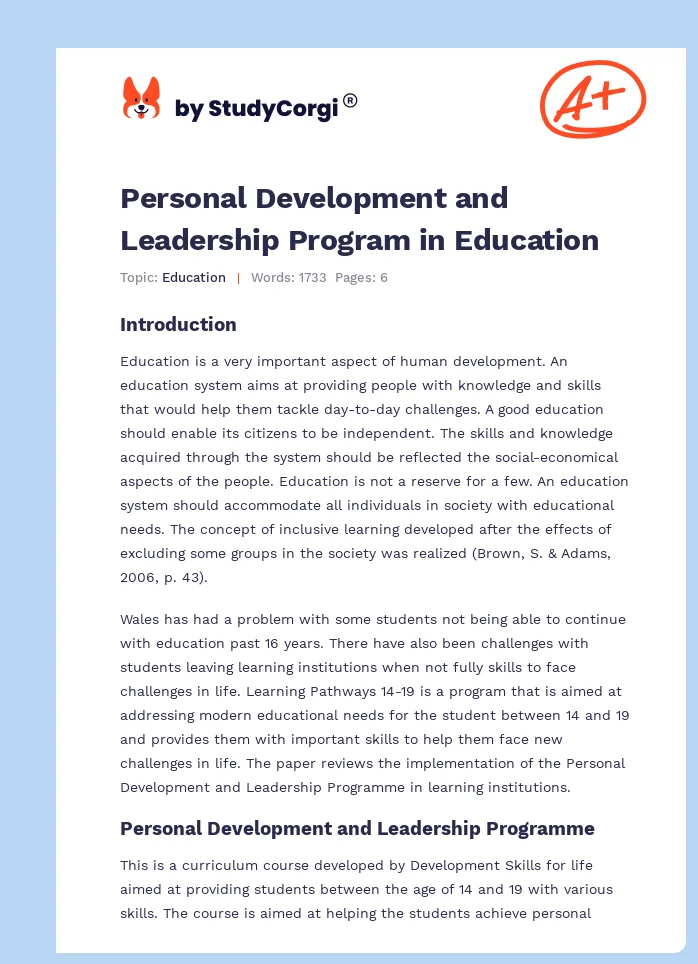 Personal Development and Leadership Program in Education. Page 1