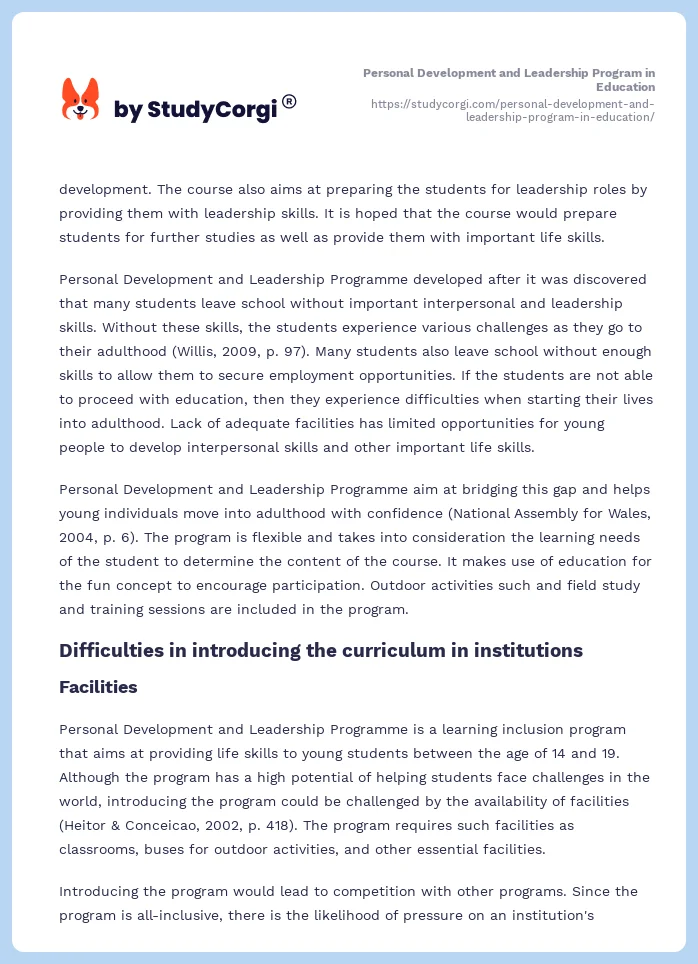 Personal Development and Leadership Program in Education. Page 2