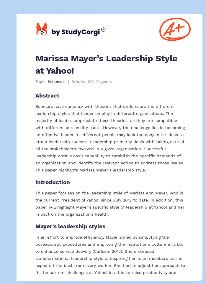 Marissa Mayer’s Leadership Style at Yahoo!. Page 1