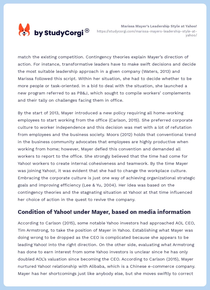 Marissa Mayer’s Leadership Style at Yahoo!. Page 2